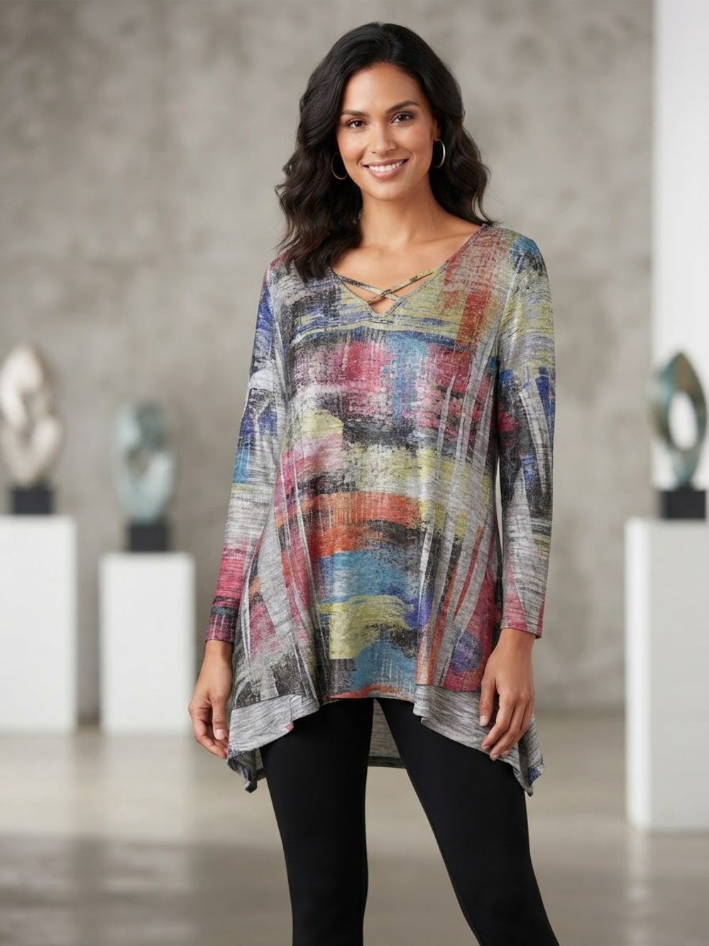 Women's Multicolor Abstract Print Tunic Top - Long Sleeve